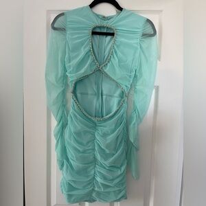 Oh Polly Aqua Backless Dress with Rhinestone Accents